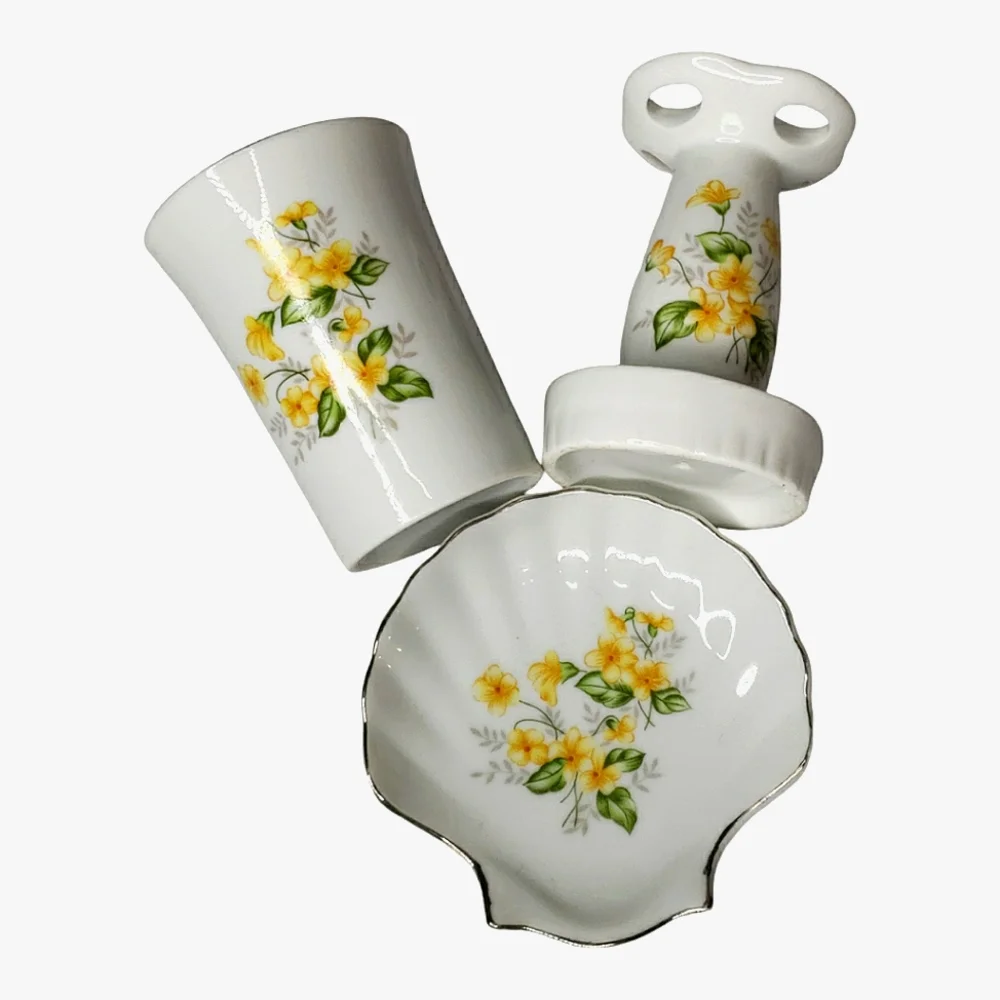 Vtg Bathroom China Porcelain Set Cup Toothbrush Stand Scalloped Soap Dish MCM